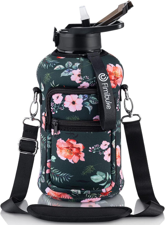 Half Gallon Water Bottle with Sleeve 64 OZ Water Bottle with Handle & Straw Leakproof Motivational Sports Gym Water Bottle with Time Marker BPA Free Water Jug with Reusable Neoprene Holder