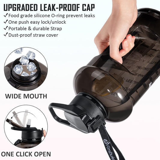 Half Gallon Water Bottle with Sleeve 64 OZ Water Bottle with Handle & Straw Leakproof Motivational Sports Gym Water Bottle with Time Marker BPA Free Water Jug with Reusable Neoprene Holder